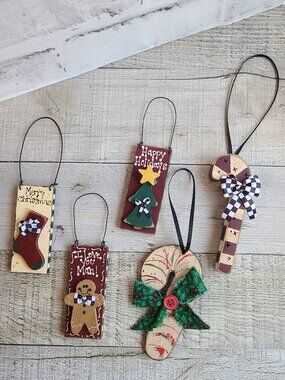 Checked Christmas Ornaments Set Vintage Wooden Folk Art Checked Holiday Decor